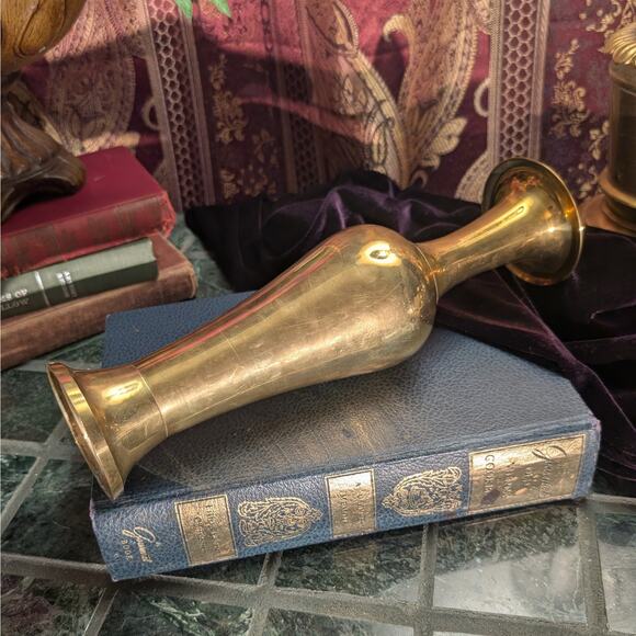 Vintage 11.5"H Solid Brass Tulip Shape Decorative Patina Vase, Handmade in India - Picture 4 of 8